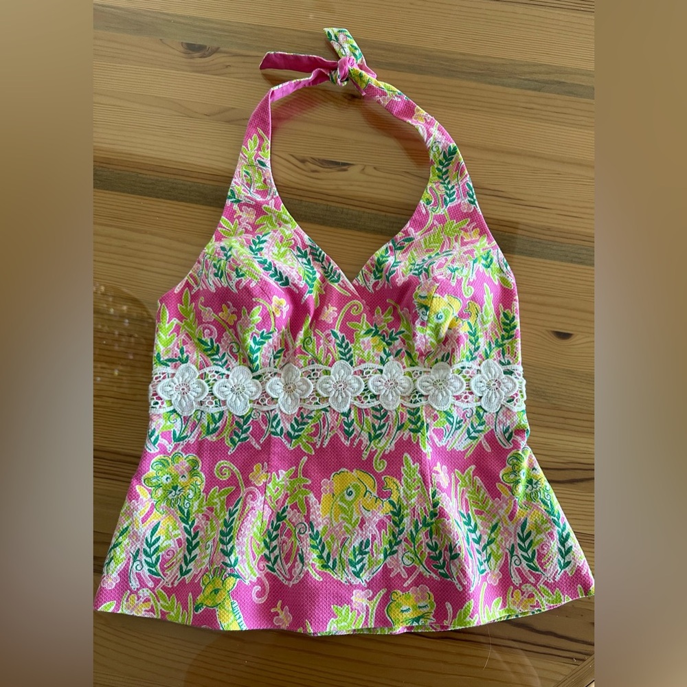 Lilly Pulitzer Vintage Millionaires Row Print Halter Top SZ 8 pink green
